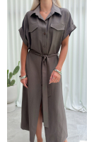 Sukienka Koszulowa Maxi Premium Wiązana w Pasie Elegancka Oversize Guziki Kieszenie - fango